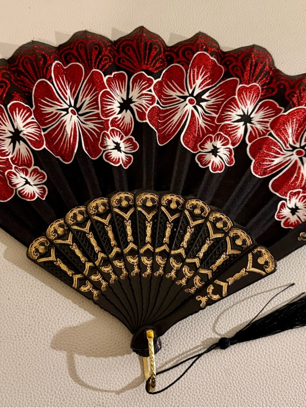 Black Red Floral Folding Hand Fan Glitter Lace Tassel Dance Festival Flamenco - Picture 3 of 16